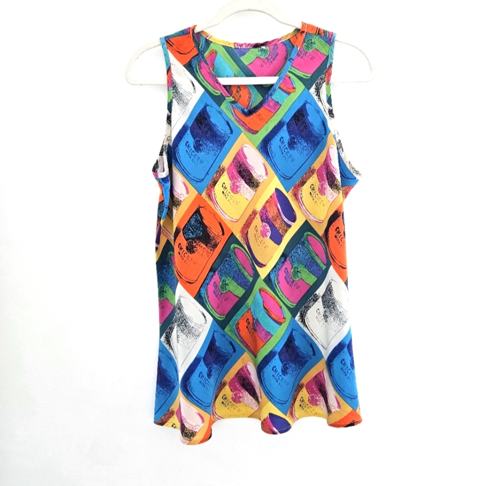 Vintage Andy Warhol Pop Art Silk Colorful Campbell's Chicken Soup Camisole Top